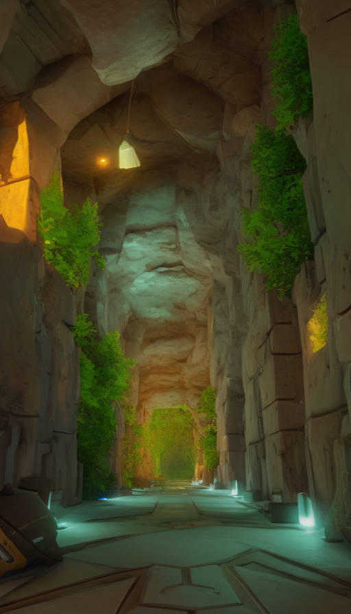 Arc hallway for secret overwatch habitation quarters carved inside a cave surrounding a lush garden, 8k, Trending on Artstation, Sharp Focus, Unreal Engine, Volumetric Lighting, Concept Art