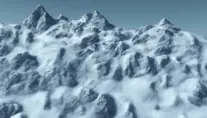 Snowy peaks Mountain landscape on a sunny day, 4k, Trending on Artstation, Volumetric Lighting, Concept Art