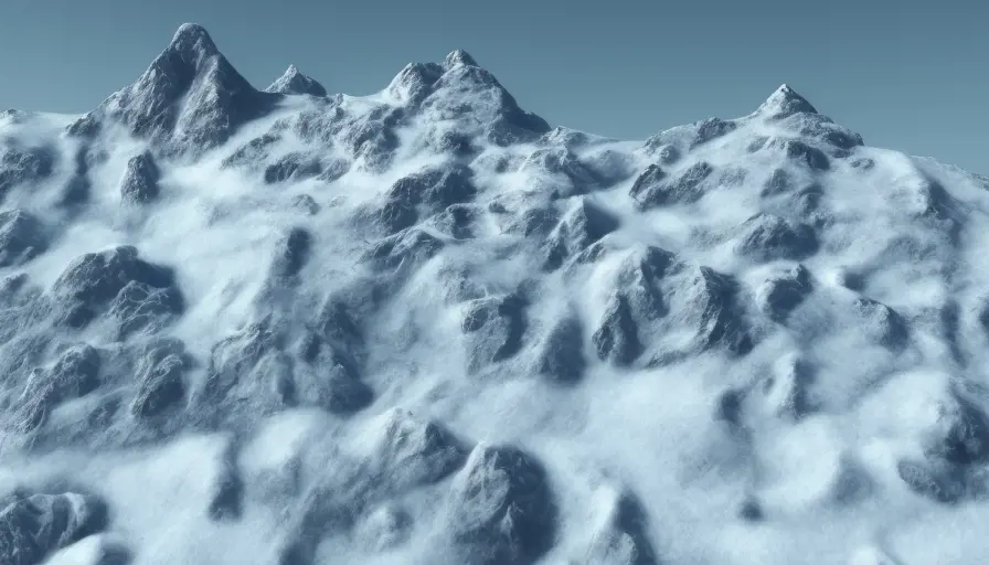 Snowy peaks Mountain landscape on a sunny day, 4k, Trending on Artstation, Volumetric Lighting, Concept Art