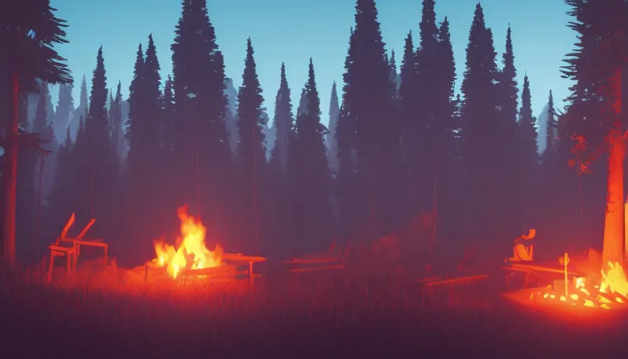 A highly detailed matte painting of a camp fire in the forest at night in the style of Firewatch, 4k resolution, Masterpiece, Trending on Artstation, Volumetric Lighting