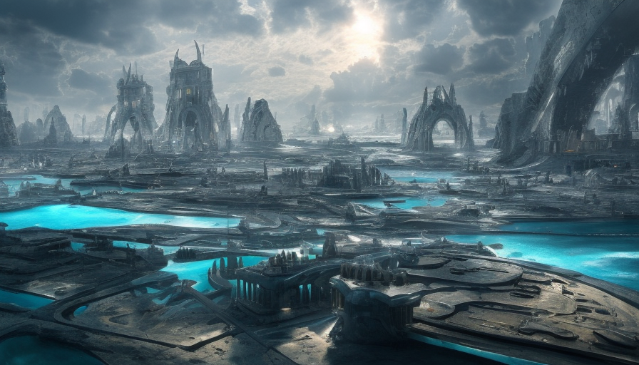 Matte portrait of a futuristic undewater city of Atlantis, Highly Detailed, Stunning, Realistic, Octane Render, Unreal Engine, Volumetric Lighting, Vibrant Colors