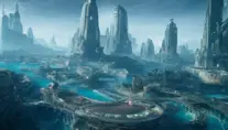 Matte portrait of a futuristic undewater city of Atlantis, Highly Detailed, Stunning, Realistic, Octane Render, Unreal Engine, Volumetric Lighting, Vibrant Colors