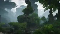 Epic fantasy jungle ruins landscape, 8k, Photo Realistic, Unreal Engine, Volumetric Lighting