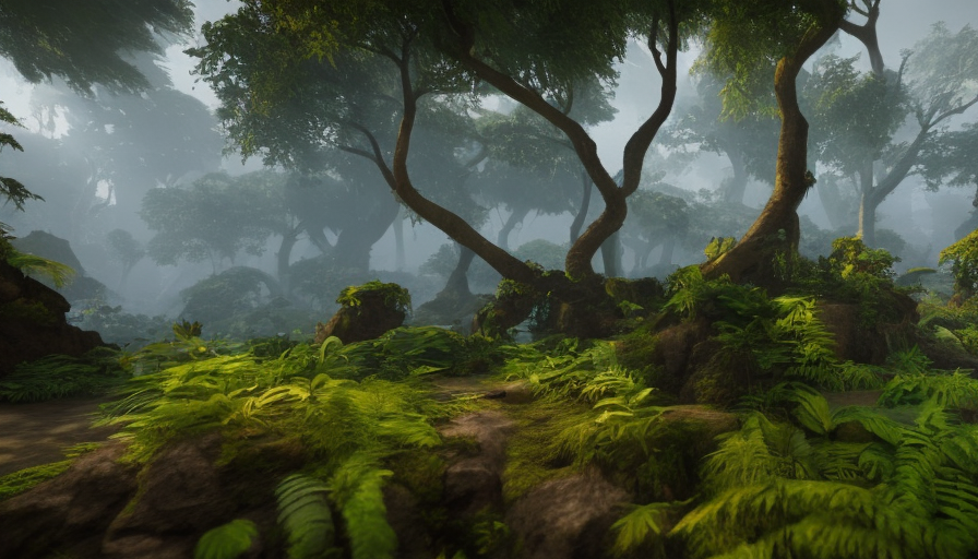 Epic fantasy jungle ruins landscape, 8k, Photo Realistic, Unreal Engine, Volumetric Lighting