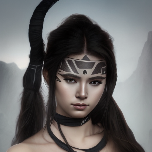 Matte portrait of a beautiful female ninja with tribal markings, 4k, Highly Detailed, Powerful, Alluring, Artstation, Magical, Digital Painting, Photo Realistic, Sharp Focus, Grayscale, Volumetric Lighting, Concept Art by Alphonse Mucha