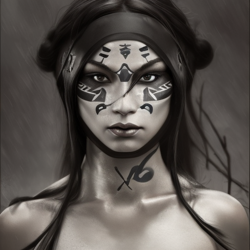 Matte portrait of a beautiful female ninja with tribal markings, 4k, Highly Detailed, Powerful, Alluring, Artstation, Magical, Digital Painting, Photo Realistic, Sharp Focus, Grayscale, Volumetric Lighting, Concept Art by Alphonse Mucha