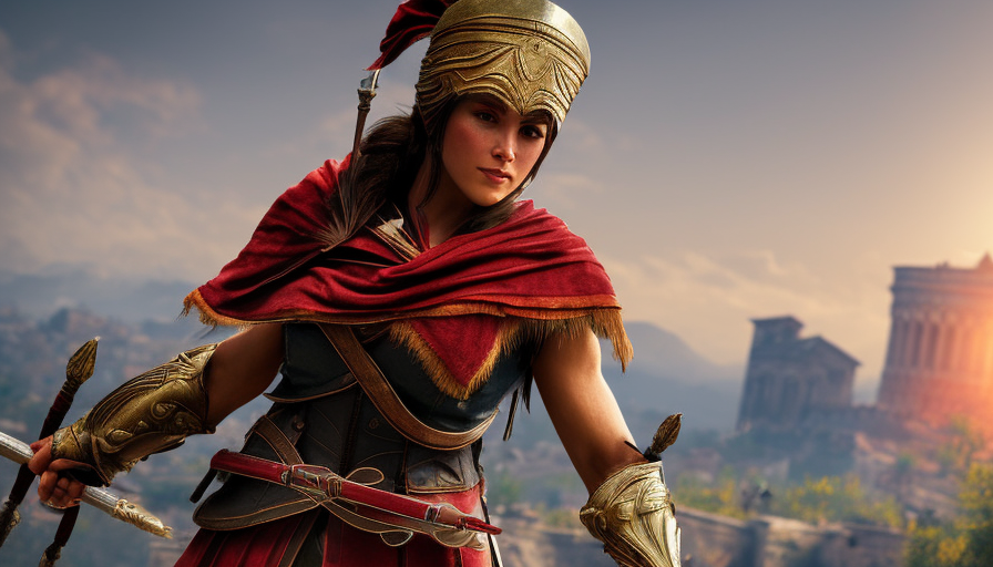 Female rouge assassin in Assassin's Creed Odyssey Style, 4k, Highly Detailed, Beautiful, Sharp Focus, Unreal Engine, Volumetric Lighting, Concept Art by Alphonse Mucha