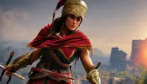 Female rouge assassin in Assassin's Creed Odyssey Style, 4k, Highly Detailed, Beautiful, Sharp Focus, Unreal Engine, Volumetric Lighting, Concept Art by Alphonse Mucha
