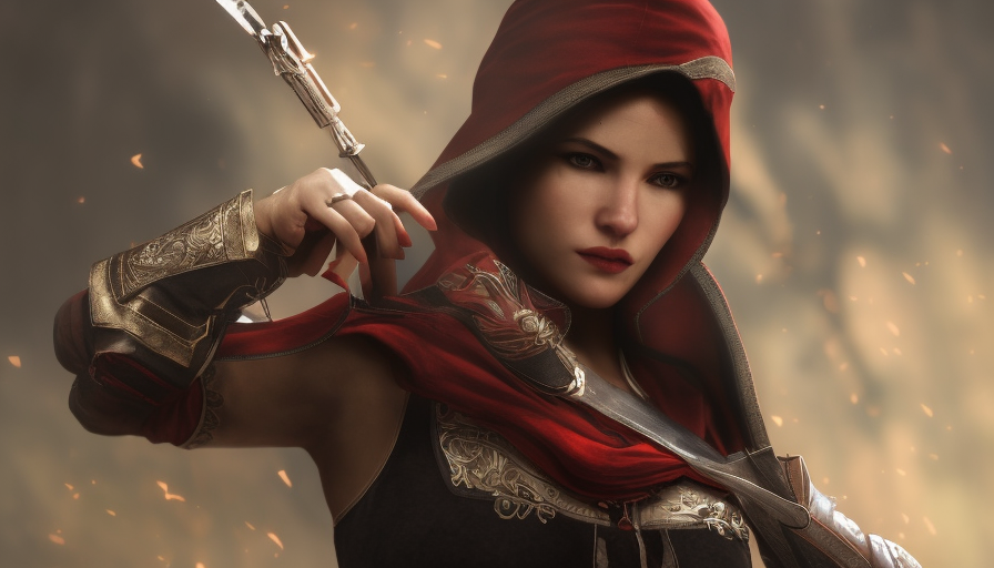 Female rouge assassin in Assassin's Creed Style, 4k, Highly Detailed, Beautiful, Sharp Focus, Unreal Engine, Volumetric Lighting, Concept Art by Alphonse Mucha