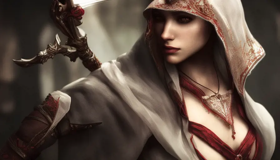 Veiled female rouge assassin in Assassin's Creed Style, 4k, Highly Detailed, Beautiful, Sharp Focus, Unreal Engine, Volumetric Lighting, Concept Art by Alphonse Mucha