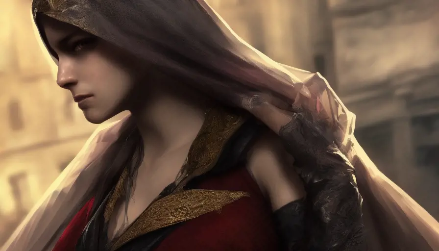 Closeup portrait of a veiled female rouge assassin in Assassin's Creed Style, 4k, Highly Detailed, Beautiful, Sharp Focus, Unreal Engine, Volumetric Lighting, Concept Art by Alphonse Mucha