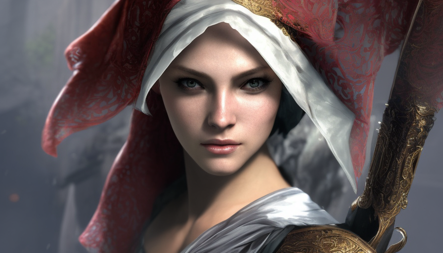 Closeup portrait of a veiled female rouge assassin in Assassin's Creed Style, 4k, Highly Detailed, Beautiful, Sharp Focus, Unreal Engine, Volumetric Lighting, Concept Art by Alphonse Mucha