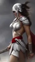 Closeup of Kassandra from Assassins Creed in white armor, Highly Detailed, Intricate, Artstation, Beautiful, Digital Painting, Sharp Focus, Volumetric Lighting, Concept Art, Elegant by Alphonse Mucha