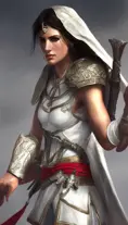 Closeup of Kassandra from Assassins Creed in white armor, Highly Detailed, Intricate, Artstation, Beautiful, Sharp Focus, Volumetric Lighting, Concept Art, Elegant by Alphonse Mucha