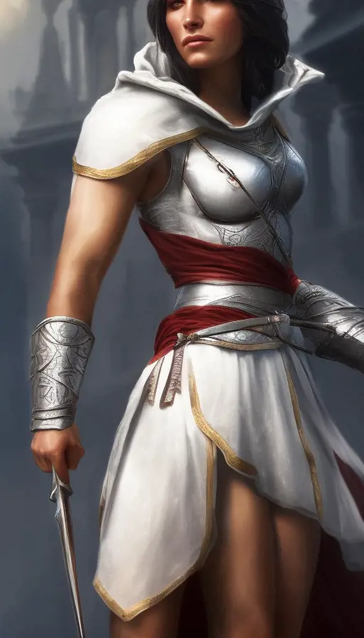 Closeup of Kassandra from Assassins Creed in white armor, Highly Detailed, Intricate, Artstation, Beautiful, Sharp Focus, Volumetric Lighting, Concept Art, Elegant by Alphonse Mucha