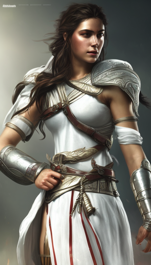 Closeup of Kassandra in white Assassins Creed armor, Highly Detailed, Intricate, Artstation, Beautiful, Sharp Focus, Volumetric Lighting, Concept Art, Elegant by Alphonse Mucha