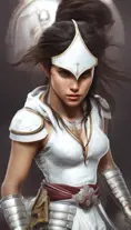 Closeup of Kassandra in white Assassins Creed armor, Highly Detailed, Intricate, Artstation, Beautiful, Sharp Focus, Volumetric Lighting, Concept Art, Elegant by Alphonse Mucha