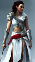 Closeup of Kassandra in white Assassins Creed armor preparing for battle, Highly Detailed, Beautiful, Sharp Focus, Volumetric Lighting, Concept Art, Elegant by Alphonse Mucha