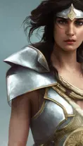 Closeup of Kassandra in white Assassins Creed armor preparing for battle, Highly Detailed, Beautiful, Sharp Focus, Volumetric Lighting, Concept Art, Elegant by Alphonse Mucha