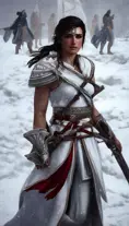 Closeup of Kassandra in white Assassins Creed armor in a snowy battlefield, Highly Detailed, Beautiful, Sharp Focus, Volumetric Lighting, Concept Art, Elegant by Alphonse Mucha