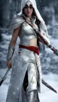 Closeup of Kassandra in white Assassins Creed armor in a snowy battlefield, Highly Detailed, Beautiful, Sharp Focus, Volumetric Lighting, Concept Art, Elegant by Alphonse Mucha
