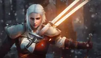 Ciri wielding a glowing sword in a snowy battlefield in The Witcher 3 Style, 4k, Highly Detailed, Beautiful, Sharp Focus, Volumetric Lighting, Closeup Portrait, Concept Art by Alphonse Mucha