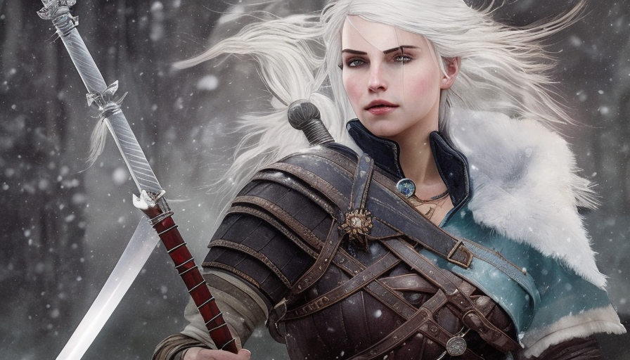 Ciri wielding a glowing sword in a snowy battlefield in The Witcher 3 Style, 4k, Highly Detailed, Beautiful, Sharp Focus, Volumetric Lighting, Closeup Portrait, Concept Art by Alphonse Mucha