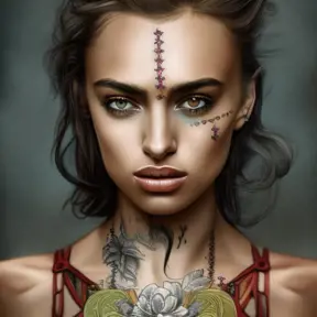 Grayscale portrait of Irina Shayk with colored tattooes, 4k, Highly Detailed, Powerful, Artstation, Magical, Vintage Illustration, Digital Painting, Sharp Focus, Smooth, Concept Art by Alphonse Mucha