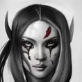 Grayscale portrait of beautiful female ninja with colored tattooes, 4k, Highly Detailed, Powerful, Artstation, Magical, Vintage Illustration, Digital Painting, Sharp Focus, Smooth, Concept Art by Alphonse Mucha