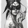 Grayscale portrait of beautiful female ninja with colored tattooes, 4k, Highly Detailed, Powerful, Artstation, Magical, Vintage Illustration, Digital Painting, Sharp Focus, Smooth, Concept Art by Alphonse Mucha