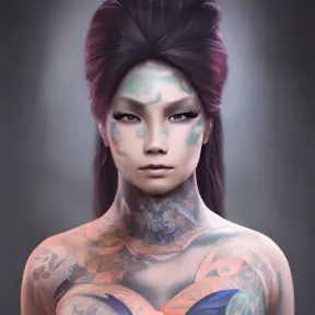 Matte portrait of a beautiful female ninja with colored tattoos, 4k, Highly Detailed, Powerful, Alluring, Artstation, Magical, Digital Painting, Photo Realistic, Sharp Focus, Grayscale, Volumetric Lighting, Concept Art by Alphonse Mucha