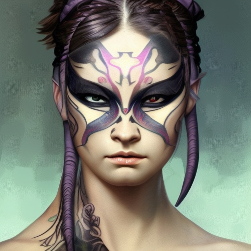 Matte portrait of a beautiful female ninja with colored tattoos, 4k, Highly Detailed, Powerful, Alluring, Artstation, Magical, Digital Painting, Photo Realistic, Sharp Focus, Grayscale, Volumetric Lighting, Concept Art by Alphonse Mucha