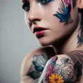Matte portrait of a beautiful model with colored tattoos, 4k, Highly Detailed, Alluring, Photo Realistic, Sharp Focus, Unreal Engine, Grayscale, Volumetric Lighting, Concept Art