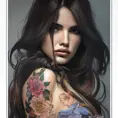 Colorful portrait of a tattooed Eiza González with a grey scale face, 4k, Highly Detailed, Hyper Detailed, Powerful, Artstation, Vintage Illustration, Digital Painting, Sharp Focus, Smooth, Concept Art by Stanley Artgerm Lau, Alphonse Mucha, Greg Rutkowski