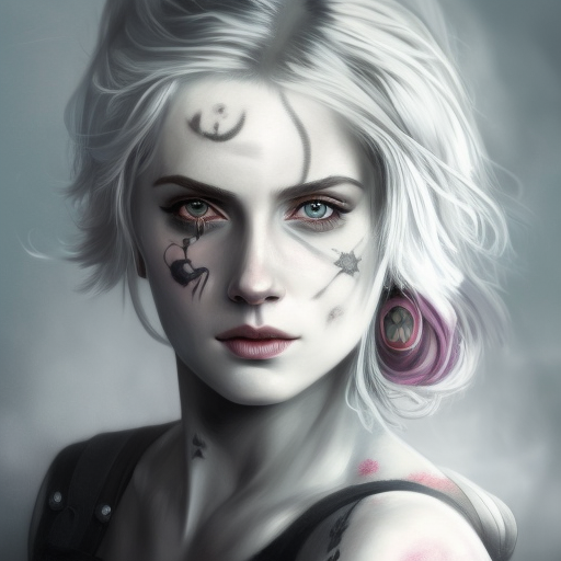 Grayscale portrait of Ciri with colored tattoos, 4k, Highly Detailed, Hyper Detailed, Powerful, Artstation, Vintage Illustration, Digital Painting, Sharp Focus, Smooth, Concept Art by Alphonse Mucha