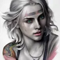 Grayscale portrait of Ciri with colored tattoos, 4k, Highly Detailed, Hyper Detailed, Powerful, Artstation, Vintage Illustration, Digital Painting, Sharp Focus, Smooth, Concept Art by Alphonse Mucha