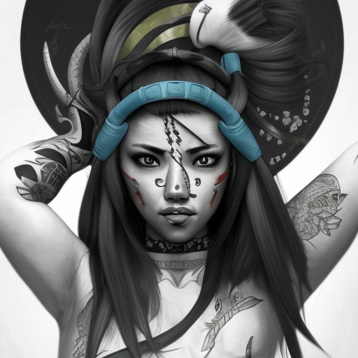 Grayscale portrait of Akali with colored tattoos, 4k, Highly Detailed, Hyper Detailed, Powerful, Artstation, Vintage Illustration, Digital Painting, Sharp Focus, Smooth, Concept Art by Alphonse Mucha