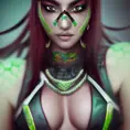Matte portrait of a beautiful Akali with colored tattoos, 4k, Highly Detailed, Alluring, Photo Realistic, Sharp Focus, Unreal Engine, Grayscale, Volumetric Lighting, Concept Art