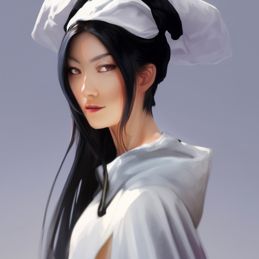 An illustration of fierce tall muscular amazon messy ponytail black haired japanese woman wearing white cap wearing long white jacket with cape from league of legends, Highly Detailed, Intricate, Powerful, Artstation, Perfect Face, Digital Painting, Sharp Focus, Smooth, Centered, Concept Art, Elegant by WLOP