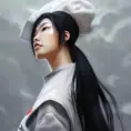 An illustration of fierce tall muscular amazon messy ponytail black haired japanese woman wearing white cap wearing long white jacket with cape from league of legends, Highly Detailed, Intricate, Powerful, Artstation, Perfect Face, Digital Painting, Sharp Focus, Smooth, Centered, Concept Art, Elegant by WLOP