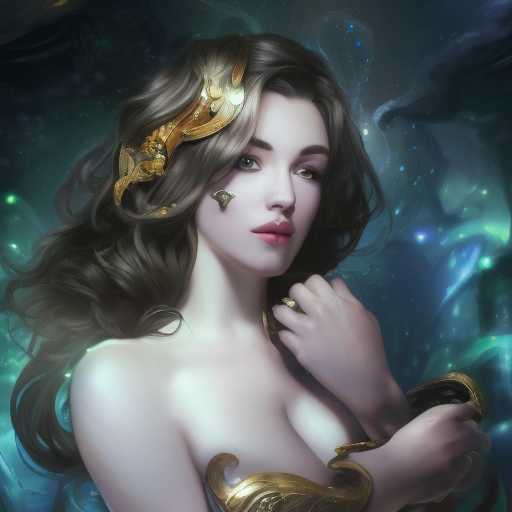 Alluring matte portrait of a beautiful Cassiopeia from League of Legends, 8k, Highly Detailed, Intricate, Half Body, Realistic, Sharp Focus, Volumetric Lighting, Fantasy, Elegant by Alphonse Mucha