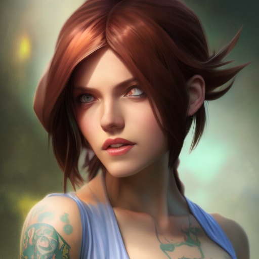 Matte portrait of Annie from League of Legends with tattoos, 8k, Highly Detailed, Powerful, Alluring, Artstation, Magical, Digital Painting, Photo Realistic, Sharp Focus, Volumetric Lighting, Concept Art by Stanley Artgerm Lau, Alphonse Mucha, Greg Rutkowski