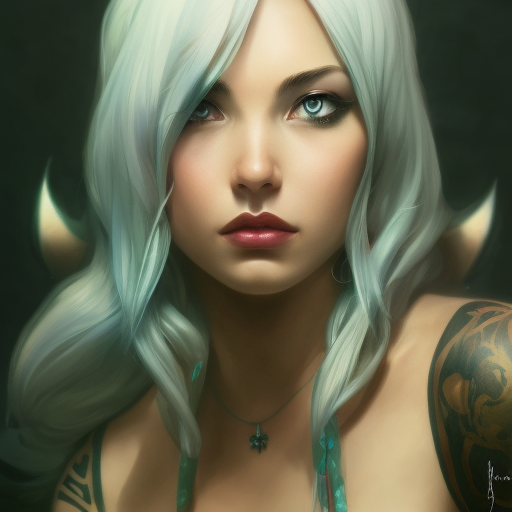 Matte portrait of Ashe from League of Legends with tattoos, 8k, Highly Detailed, Powerful, Alluring, Artstation, Magical, Digital Painting, Photo Realistic, Sharp Focus, Volumetric Lighting, Concept Art by Stanley Artgerm Lau, Alphonse Mucha, Greg Rutkowski