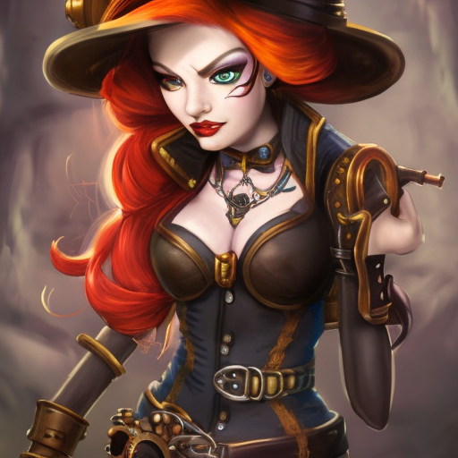 Steampunk portrait of Miss Fortune from League of Legends, Highly Detailed, Intricate, Artstation, Beautiful, Digital Painting, Sharp Focus, Concept Art, Elegant
