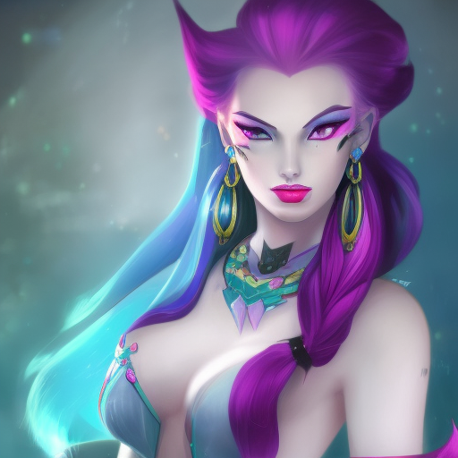 Alluring matte portrait of a beautiful Jinx from League of Legends, 8k, Highly Detailed, Intricate, Half Body, Realistic, Sharp Focus, Volumetric Lighting, Fantasy, Elegant by Alphonse Mucha