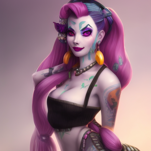 Alluring matte portrait of a beautiful Jinx from League of Legends in the style of Stefan Kostic, 8k, High Definition, Highly Detailed, Intricate, Half Body, Realistic, Sharp Focus, Fantasy, Elegant