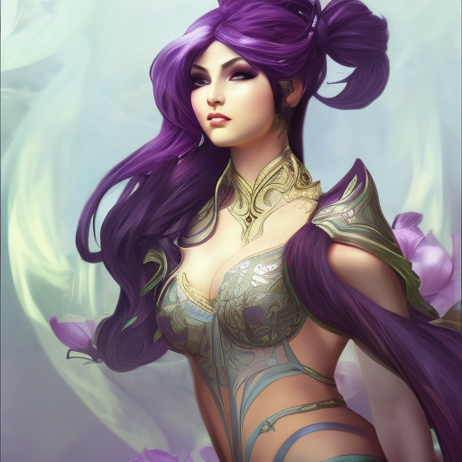 Alluring matte portrait of a beautiful Karma from League of Legends, 8k, Highly Detailed, Intricate, Half Body, Realistic, Sharp Focus, Volumetric Lighting, Fantasy, Elegant by Alphonse Mucha