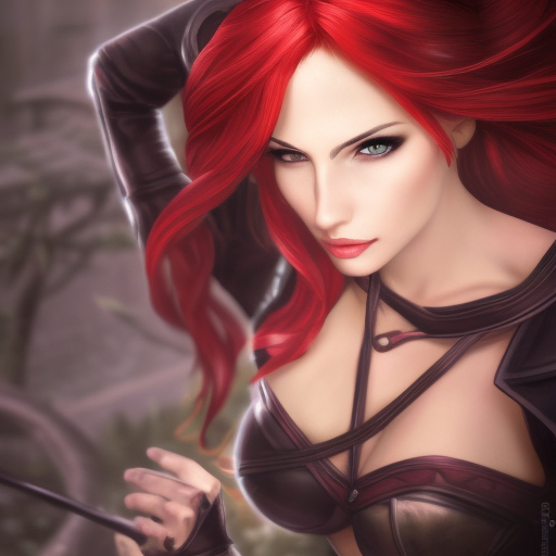 Alluring matte portrait of a beautiful Katarina from League of Legends, 8k, Highly Detailed, Intricate, Half Body, Realistic, Sharp Focus, Volumetric Lighting, Fantasy, Elegant by Alphonse Mucha