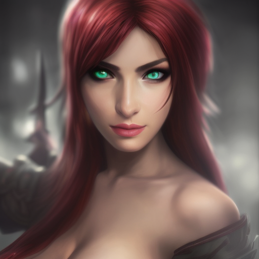 Alluring matte portrait of a beautiful Katarina from League of Legends, 8k, Highly Detailed, Intricate, Half Body, Realistic, Sharp Focus, Volumetric Lighting, Fantasy, Elegant by Alphonse Mucha