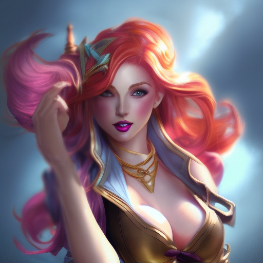 Alluring matte portrait of a beautiful Miss Fortune from League of Legends, 8k, Highly Detailed, Intricate, Half Body, Realistic, Sharp Focus, Volumetric Lighting, Fantasy, Elegant by Alphonse Mucha